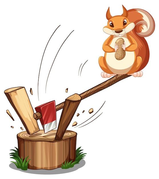 A squirrel cutting the wood with axe