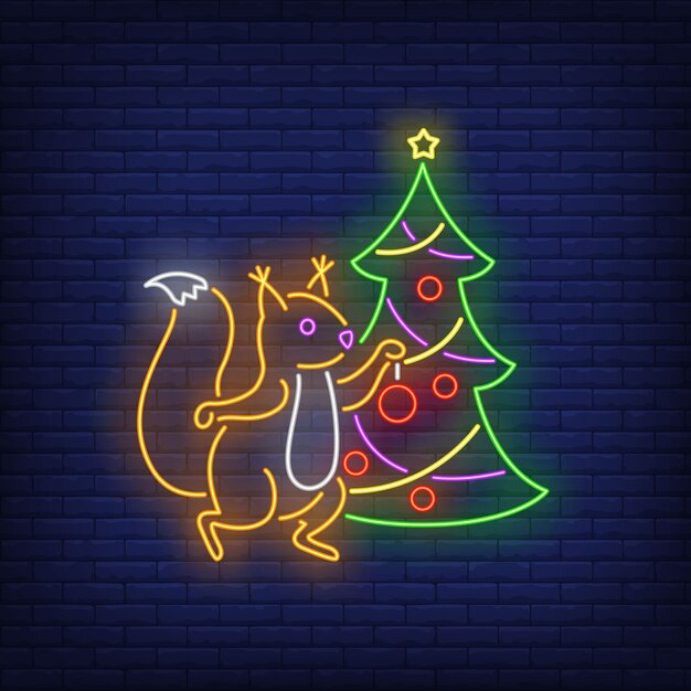 Squirrel decorating fir-tree in neon style