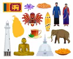 Free vector sri lanka symbols tourist attractions  culture food landmarks clothing colorful set with elephant lighthouse flag vector illustration