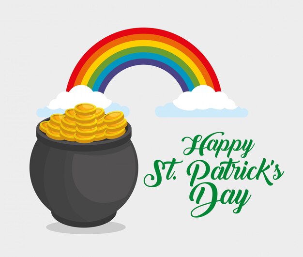 Free vector st patrick day cauldron with coins and rainbow
