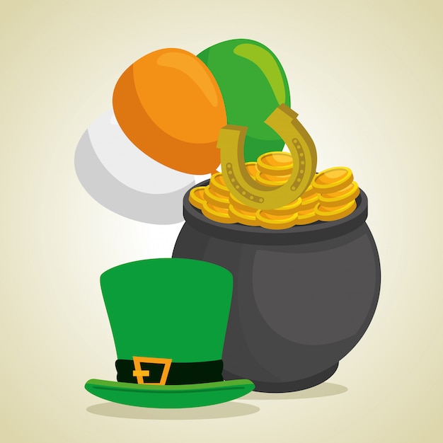 St Patrick day hat and cauldron with coins and balloons