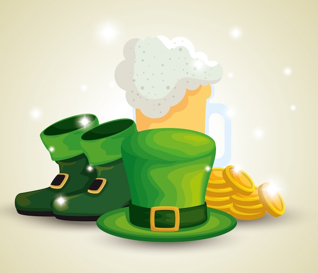 St Patrick's day boots and hat with beer glass and coins
