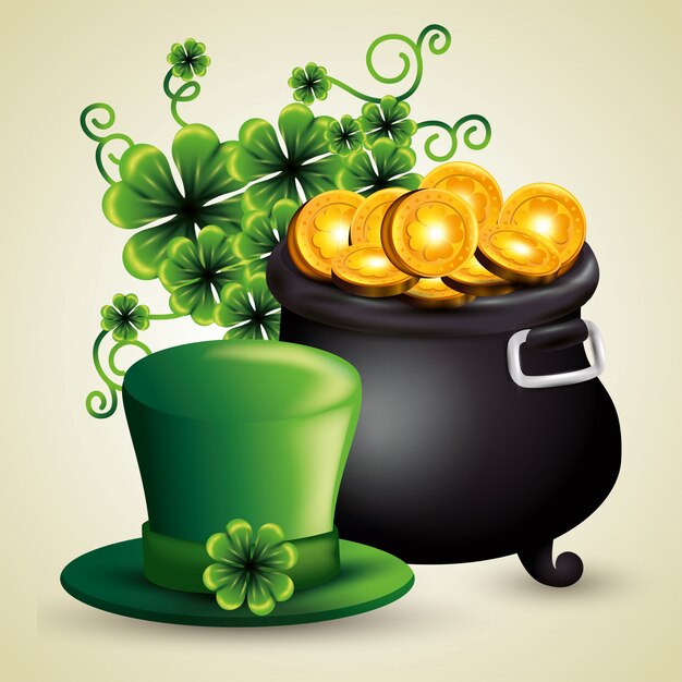 St Patrick's day cauldron wit golden coins and hat