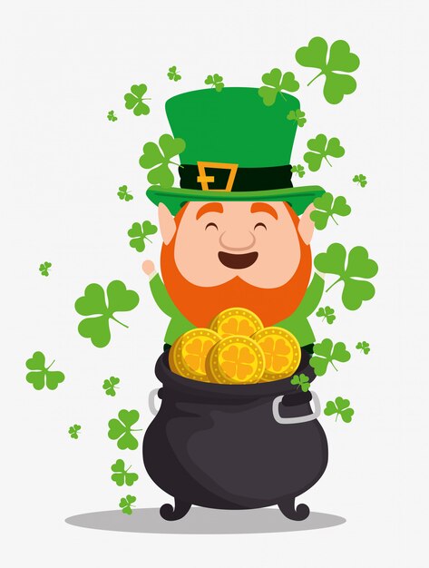 St Patrick's day elf wearing hat with cauldron and coins