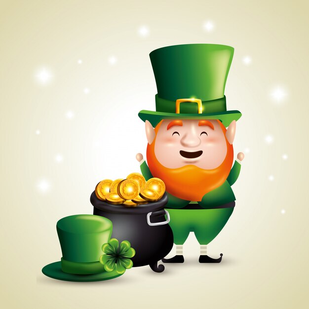 St Patrick's day elf with coins inside cauldron and hat