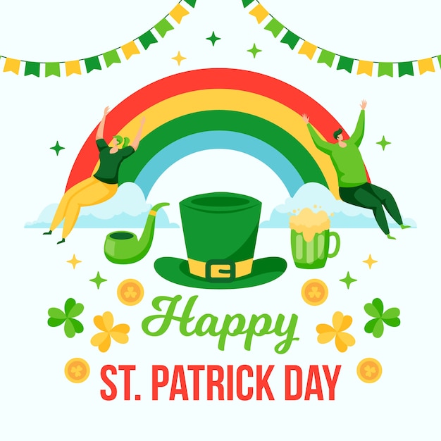 Free vector st. patrick's day event with people standing on clouds and rainbow