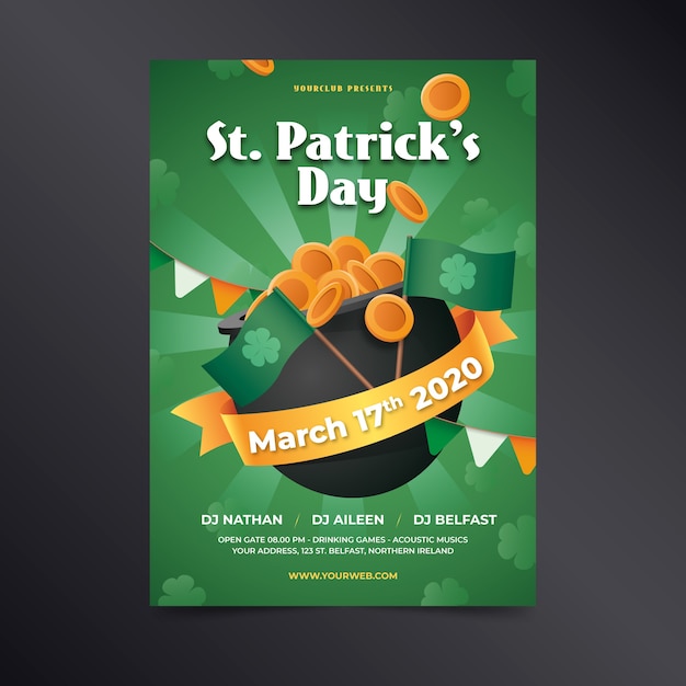 Free vector st. patrick's day realistic poster with ribbon and coins