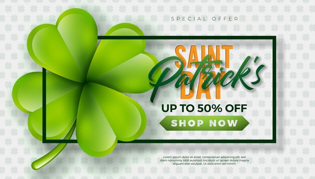 聖パトリックの日セールデザイン、緑のクローバーと白い背景のタイポグラフィの手紙。クーポン、バナー、バウチャー、プロモーションポスターのベクトルアイルランドのラッキーホリデーデザインテンプレート。