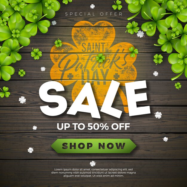 St. Patrick's Day Sale Design, with Green Clover and Typography Letter