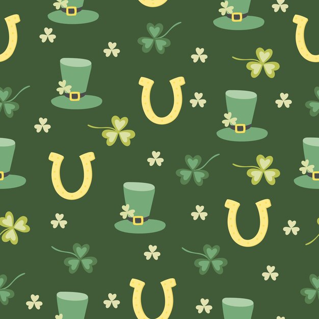 St.Patrick 's Day seamless pattern with clovers, hats and horseshoes