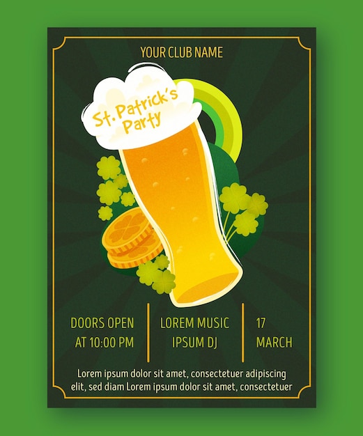 St. patrick's day vertical poster template with beer pint and coins