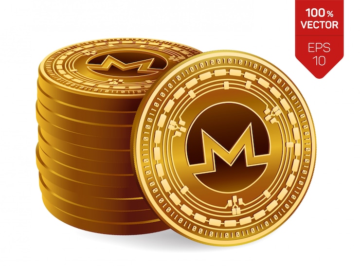 Free Vector stack of golden coins with monero symbol isolated on white background.