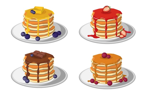 Stacks of pancakes set. Pastry with caramel or chocolate, syrups with strawberry or blueberry