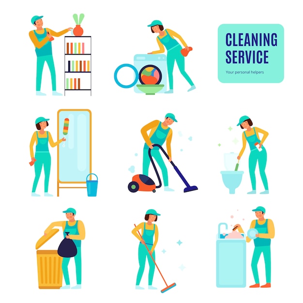 Free vector staff of cleaning service during various domestic work set of flat icons isolated