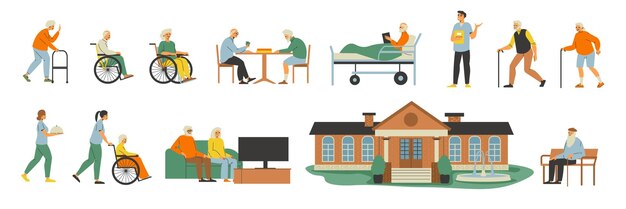 Персонал и обитатели дома престарелых с пожилыми людьми, проводящими свободное время вместе, и помощниками, ищущими инвалидов, изолированные векторные иллюстрации