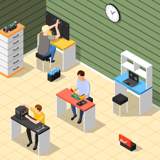 Free vector staff in service centre isometric composition