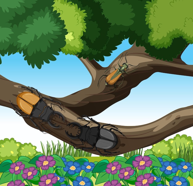 Free vector stag beetles on branches in the garden scene