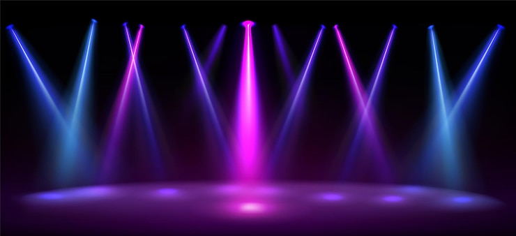 Free Vector stage illuminated by blue and pink spotlights empty scene with spots of light on floor  realistic illustration of studio theater or club interior with color beams of lamps