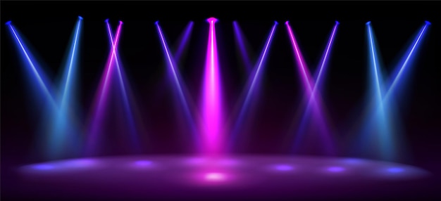 Сцена, освещенная голубыми и розовыми прожекторами, пустая сцена с пятнами света на полу, реалистичная иллюстрация студийного театра или интерьера клуба с цветными лучами ламп