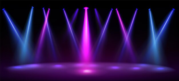 Stage illuminated by blue and pink spotlights empty scene with spots of light on floor  realistic illustration of studio theater or club interior with color beams of lamps