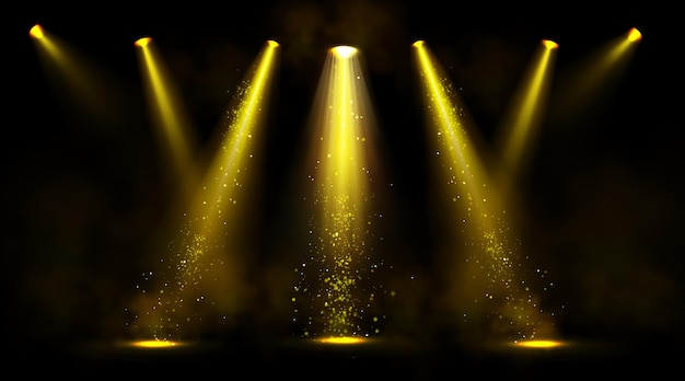 Stage lights, gold spotlight beams with smoke and sparkles.