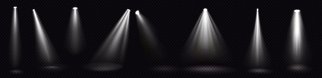 Stage lights, white spotlight beams, glowing design elements for studio or theater interior scene Free Vector