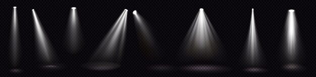 Stage lights, white spotlight beams, glowing design elements for studio or theater interior scene