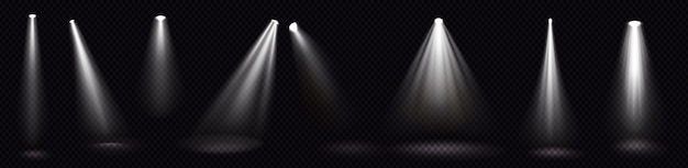 Stage lights, white spotlight beams, glowing design elements for studio or theater interior scene