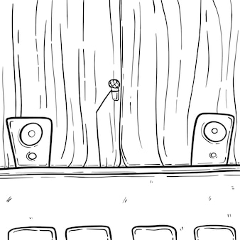 Stage for performance with curtain speakers and microphone doodle linear