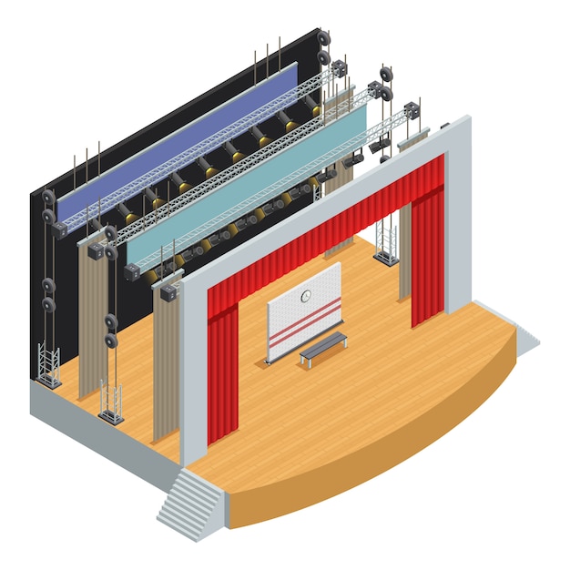 Stage for theater scenes with scenery decor elements and loop system for curtains