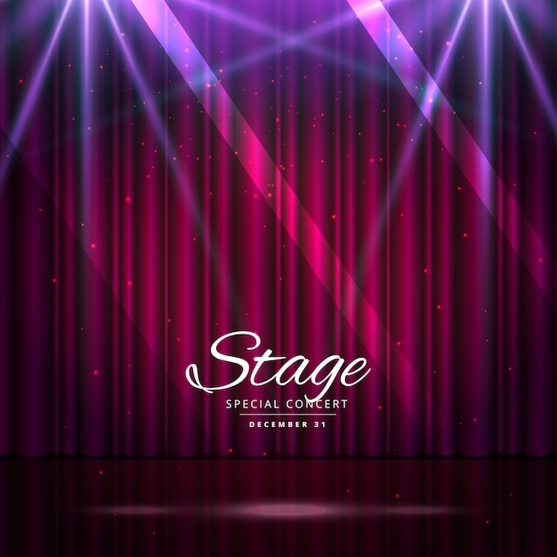 Free vector stage with the red curtain and purple lights