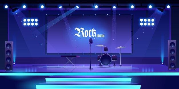 Stage with rock music instruments and equipment