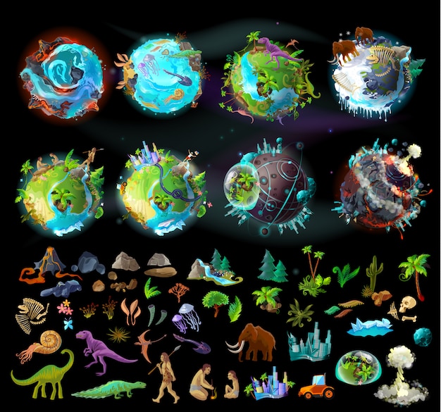 Этапы эволюции Земли, создание мультфильма с различными красочными значками, растениями и животными