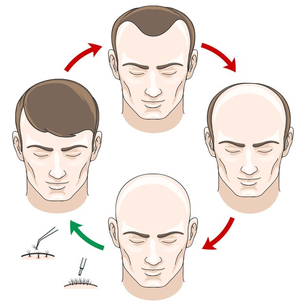 Free vector stages of hair loss, hair treatment and hair transplantation. hair loss, bald and care, health haor, human hair growth, vector illustration