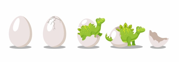 계란 만화 삽화 세트에서 공룡을 부화시키는 단계. 흰색 바탕에 달걀 껍질에 재미있는 녹색 디노 또는 용. 출생, 멸종된 파충류, 육식 동물 개념