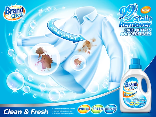 Stain remover ad, with water washing a stained shirt, blue background  illustration