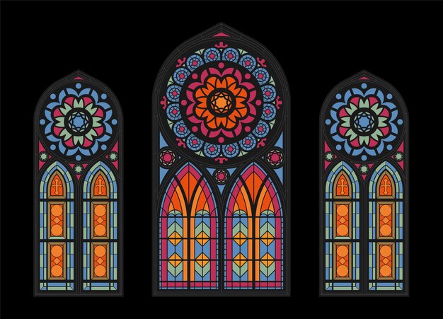 暗いゴシック様式の教会のステンドグラスのカラフルなモザイク大聖堂の窓美しいインテリアビューclouseupイラスト