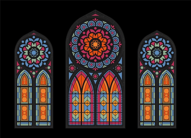 Stained glass colorful mosaic cathedral windows on dark gothic church beautiful interior view clouseup illustration