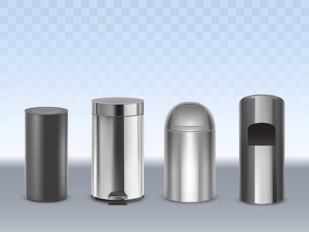 Stainless steel trash cans 3d realistic vector set isolated on transparent. Cylindrical matte black, glossy, chrome plated metal containers for waste with moving lid and pedal illustration