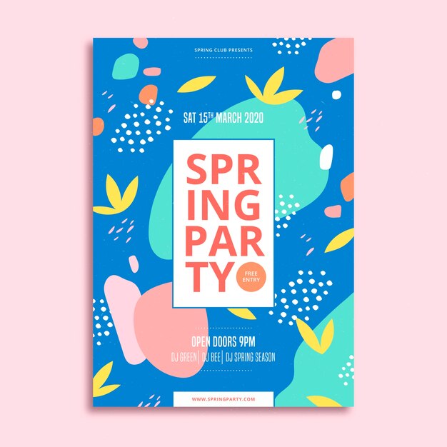 Stains of colour and leaves spring party flyer design