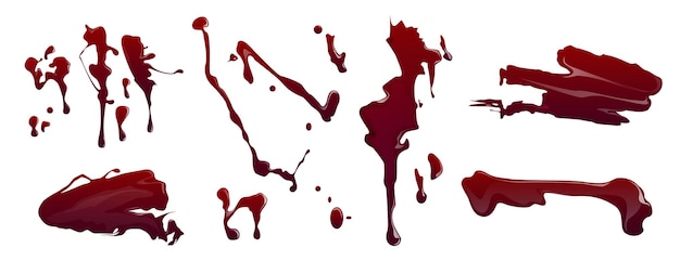 Stains and splatters of blood isolated on white background vector cartoon set of bloody splashes scary sprays with drops spots and drips of red liquid paint or ink