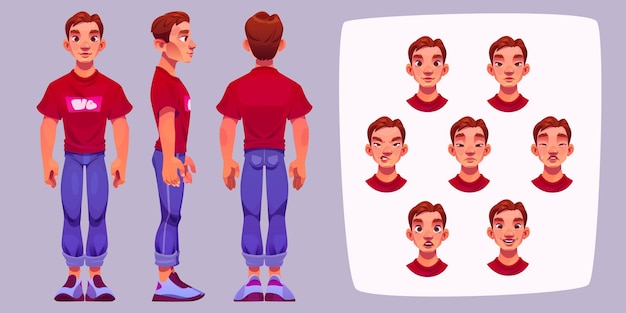 Free vector standing man and his face with different emotions