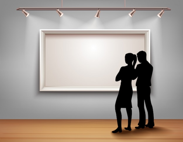 Standing people silhouettes in front of picture frame in art gallery interior