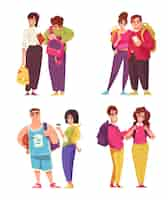 Free vector standing studens with backpacks cartoon composition set isolated vector illustration