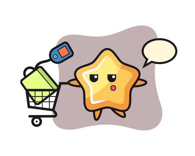 Star illustration cartoon with a shopping cart, cute style design for t shirt, sticker, logo element Premium Vector