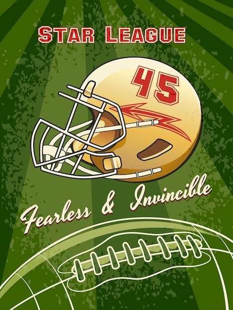 Бесплатное векторное изображение Футбольный плакат звездной лиги со шлемом и футбольным полем