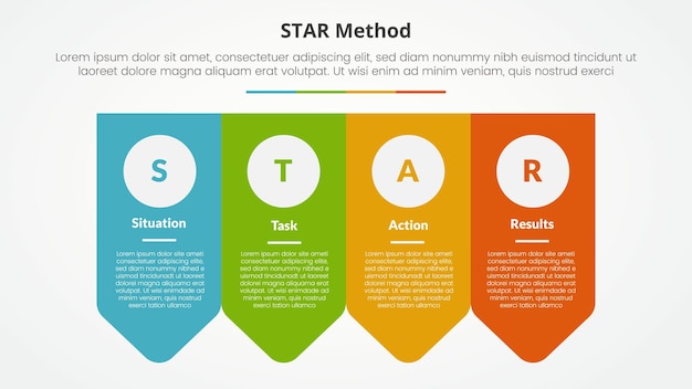 star method infographic concept for slide presentation with arrow badge shape bottom direction with 4 point list with flat style