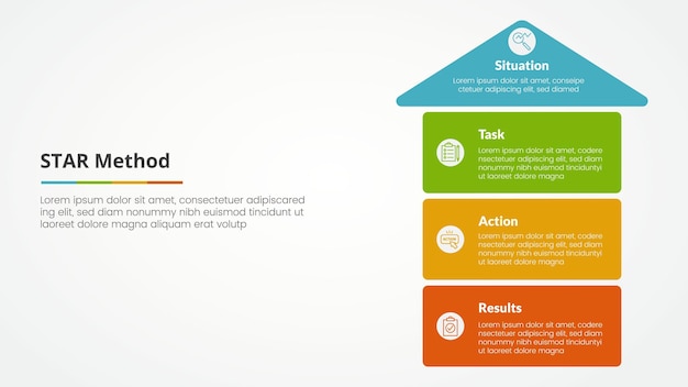 star method infographic concept for slide presentation with arrow top direction and box stack structure with 4 point list with flat style