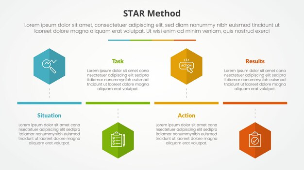 STAR メソッド インフォグラフィック スライドプレゼンテーションのためのコンセプト ヘクサゴンまたは六角形の形状のタイムライン スタイル 4ポイントリスト フラットスタイル