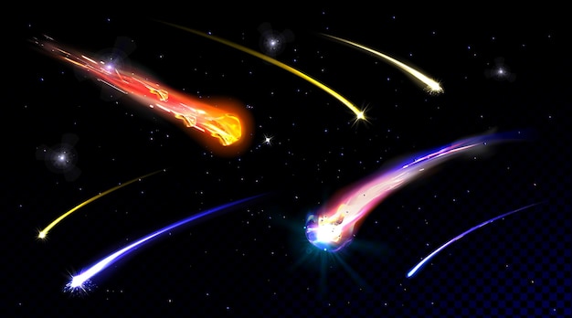 Star shooting comets in starry sky or deep space falling with fire trail meteorites on galaxy wall with transparency fireball meteors explosions in cosmos realistic illustration